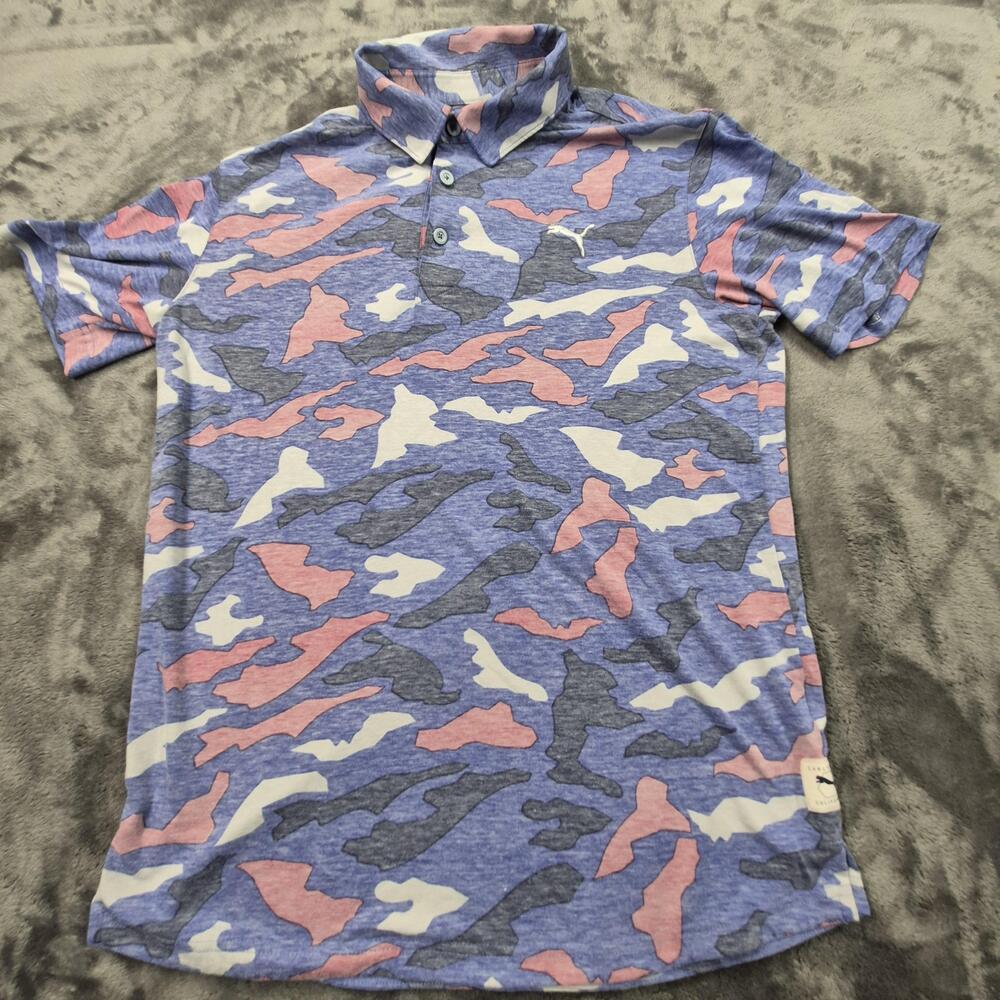 Puma Polo Shirt Mens Small Blue Pink Camo Golf Short Sleeve Carlsbad California